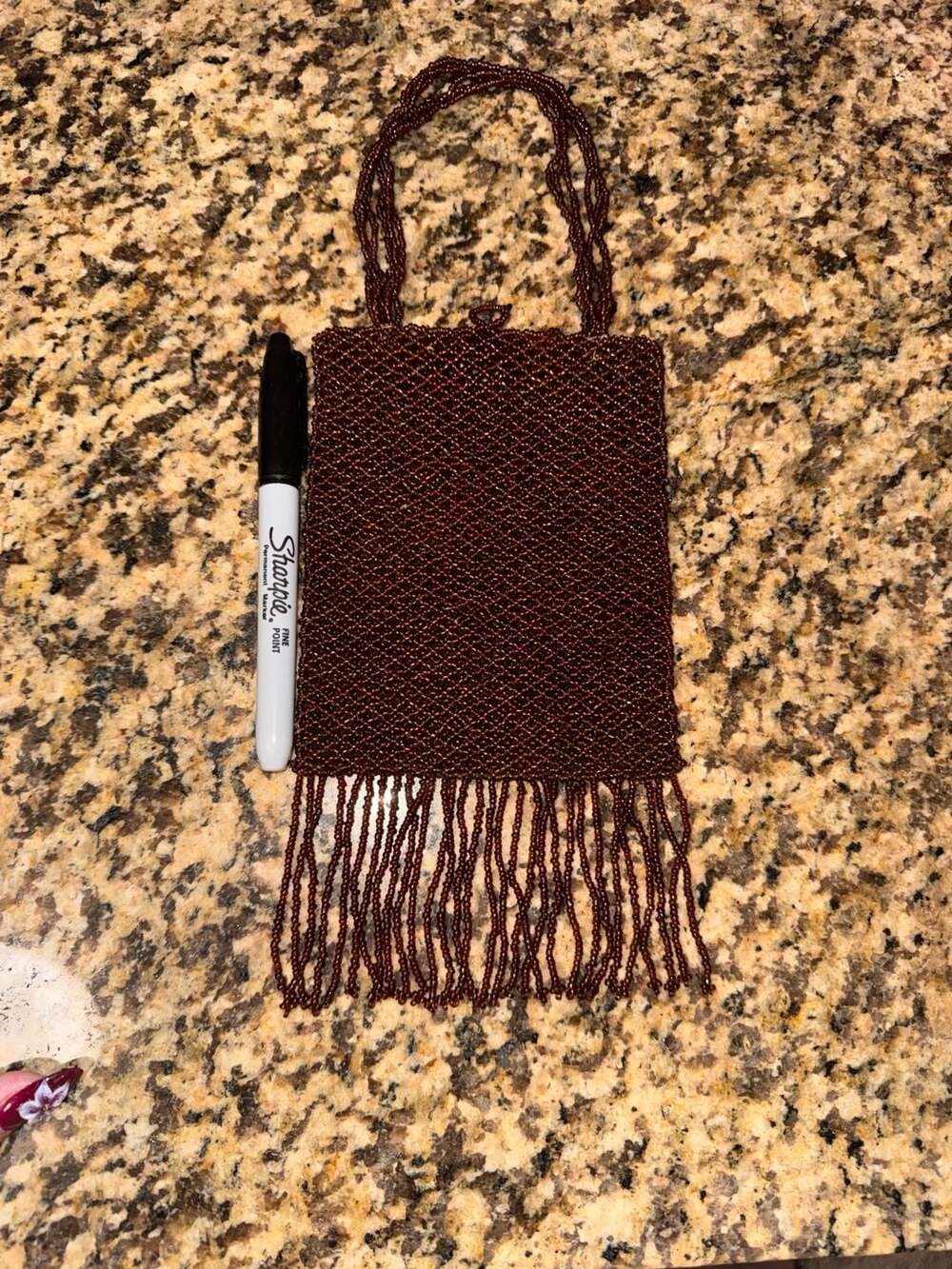 Vintage Brown Beaded Mini Handbag with Fringe